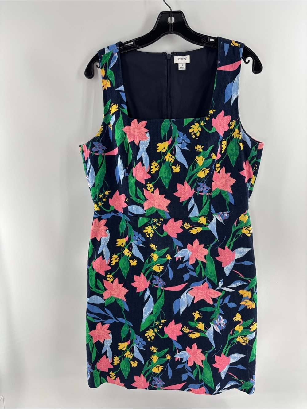 J. Crew Navy Floral Sheath Dress with Pink & Green Blooms size 12